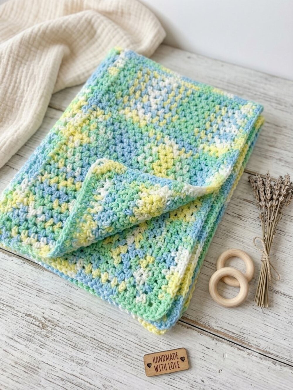 Handmade Crochet Baby Blanket Blue Green Yellow White Grandmacore Nursery Throw